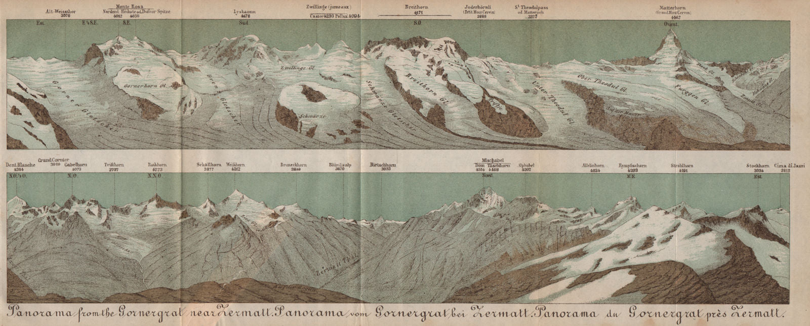 GORNERGRAT PANORAMA. Zermatt Monte Rosa Breithorn Matterhorn Mischabel 1893 map